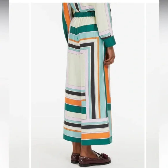Weekend Max Mara Geometric Stripe Wide-Leg Pants in Teal, Cream, Orange, Black - Picture 3 of 4